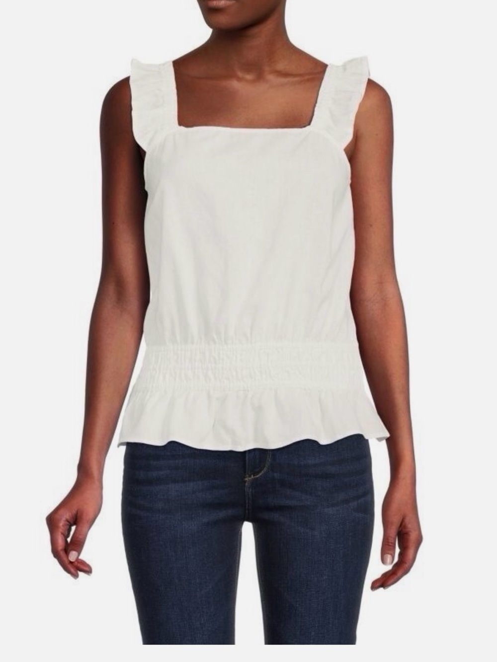 Saks Fifth Avenue White Ruffle Strap Linen Blend Peplum Top Size Large Designer